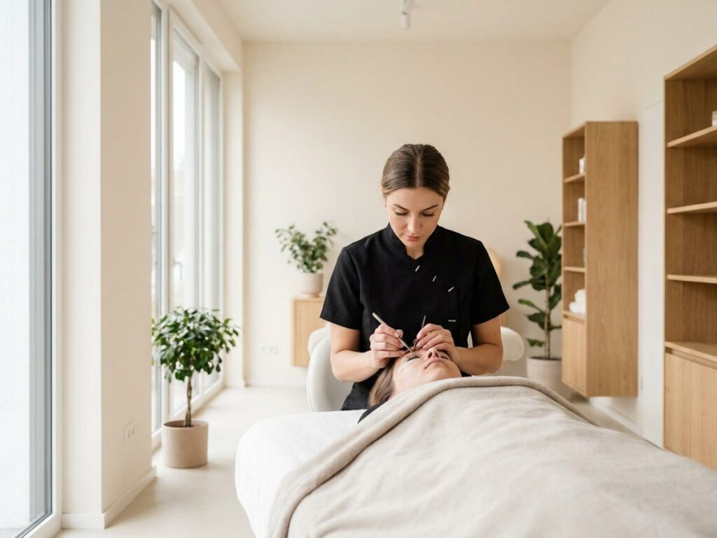 Kosmetikerin bei der Wimpernbehandlung, Lena bucht den nächsten Termin am Telefon