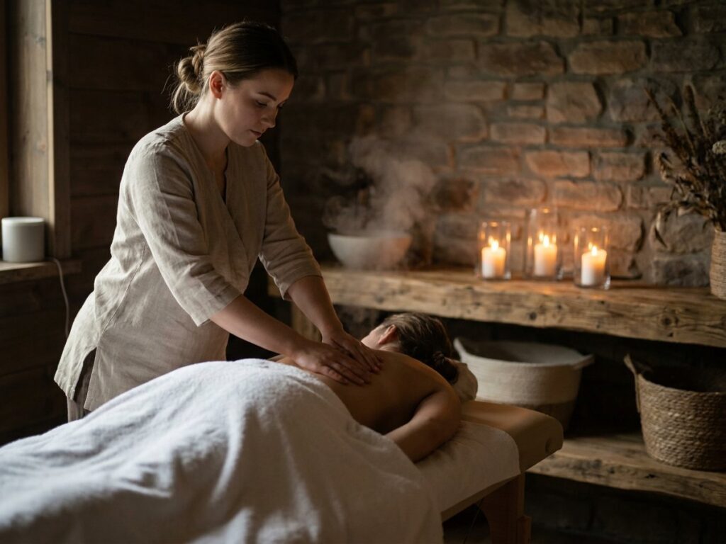 Massage im Day-Spa, Lena nimmt währenddessen die Anrufe an